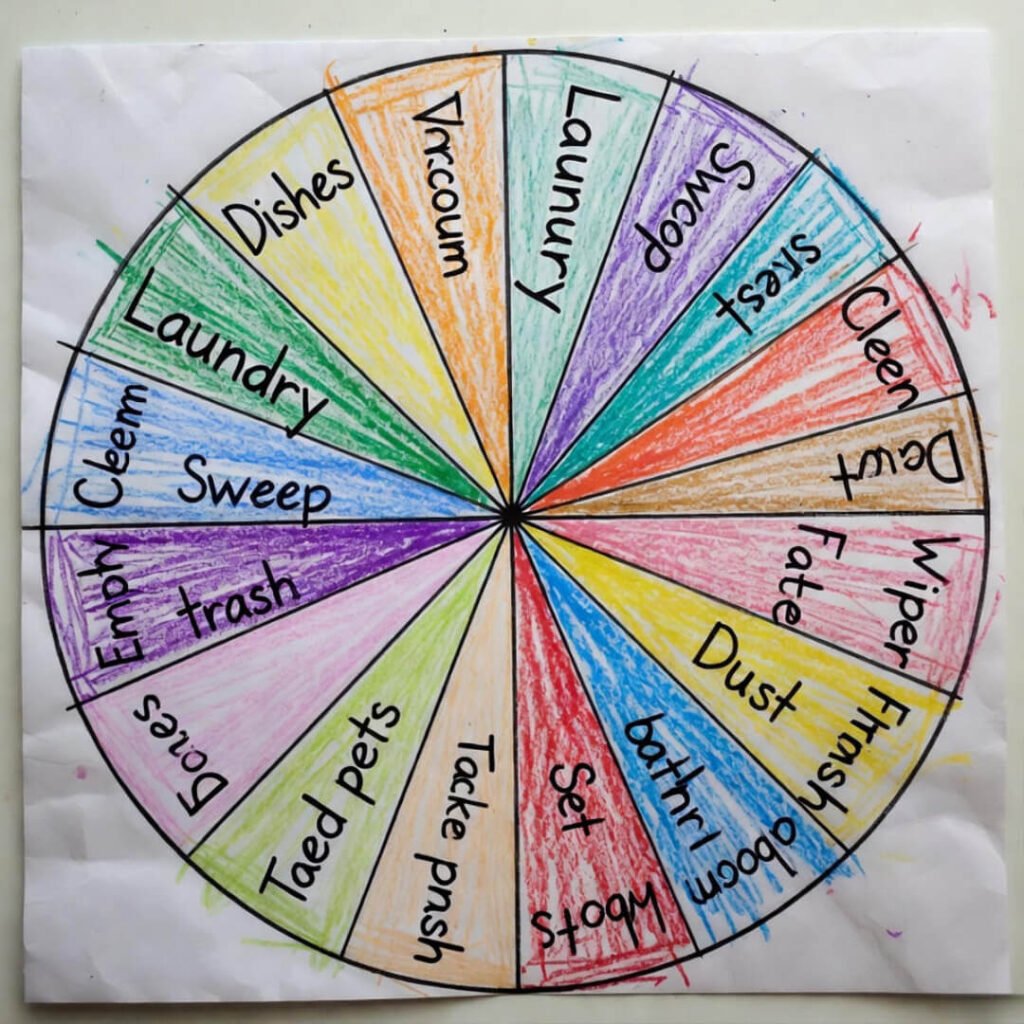 Colorful smudged homemade chore wheel on table