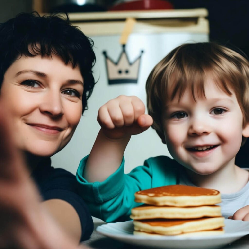 Parent and kid fist-bump over wobbly pancakes.
