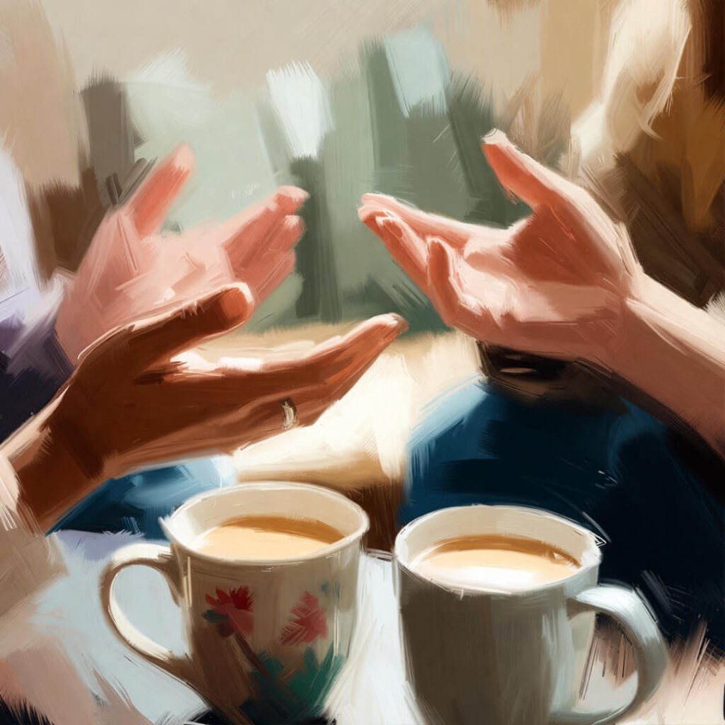 Hands agreeing over mismatched mugs, warm moment.