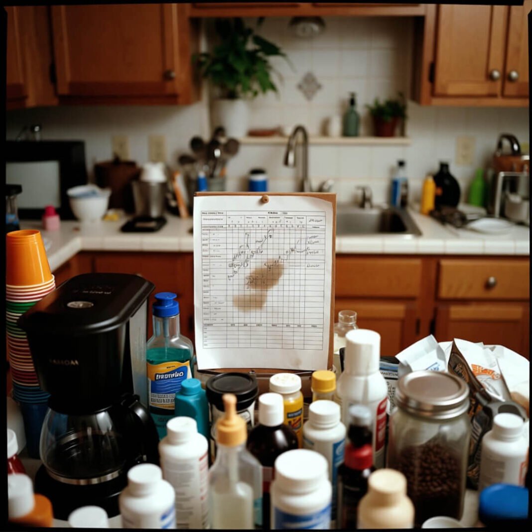 Stained baby feeding chart on cluttered counter.
