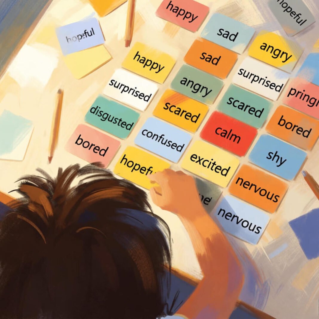 Child peeking at scattered emotion cards on table.