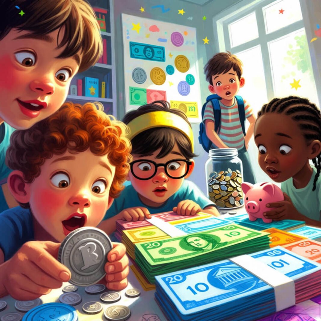 Kids excitedly handle money from low angle.