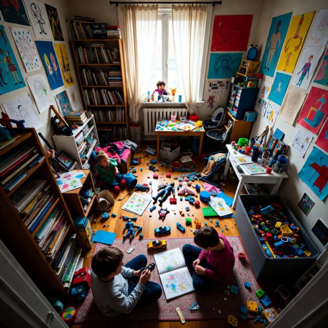 Kids truce in chaotic playroom
