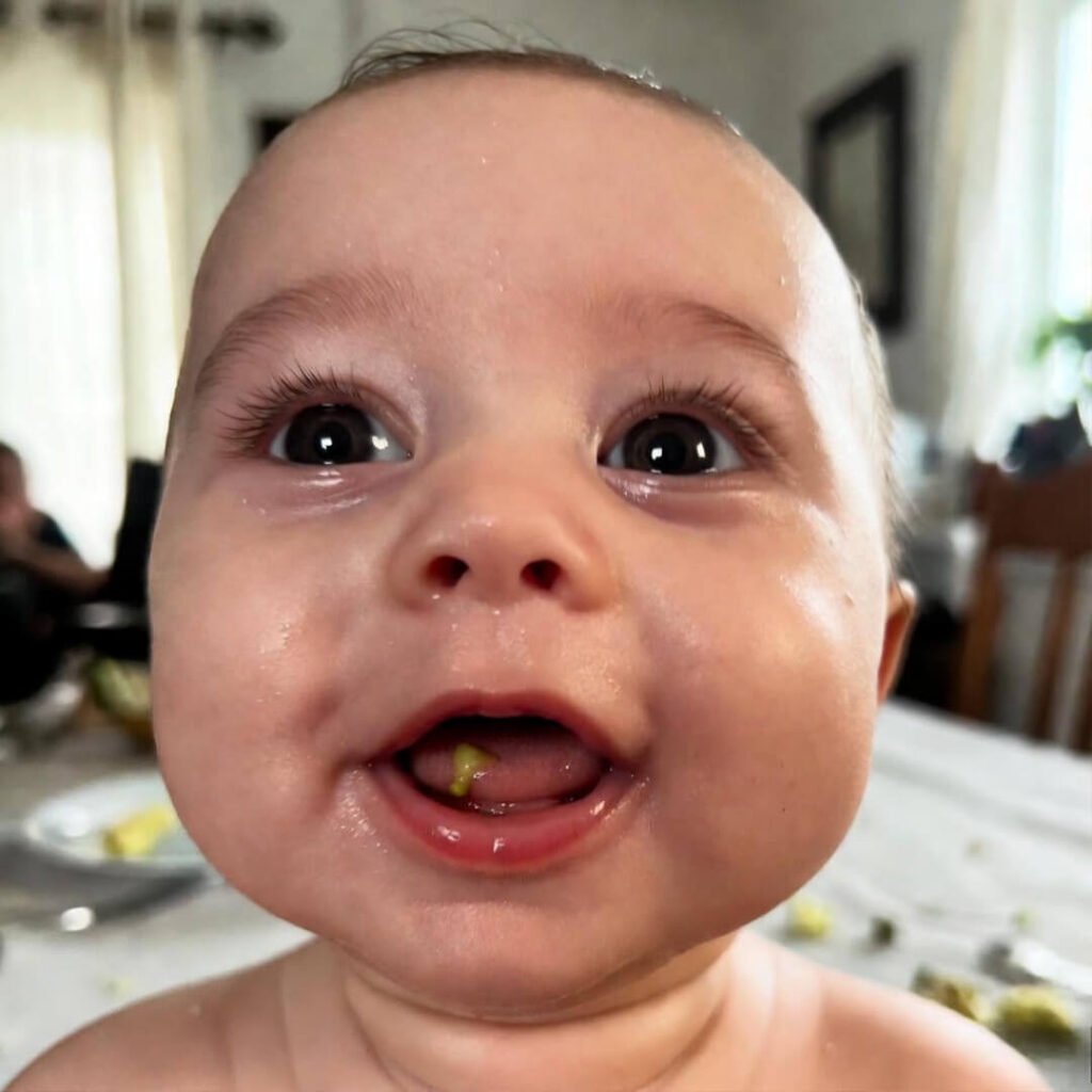 Baby’s shocked face tasting avocado.