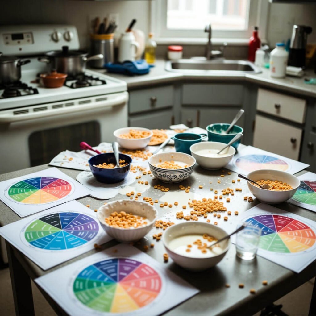 Messy breakfast table with emotion wheels and cereal.
