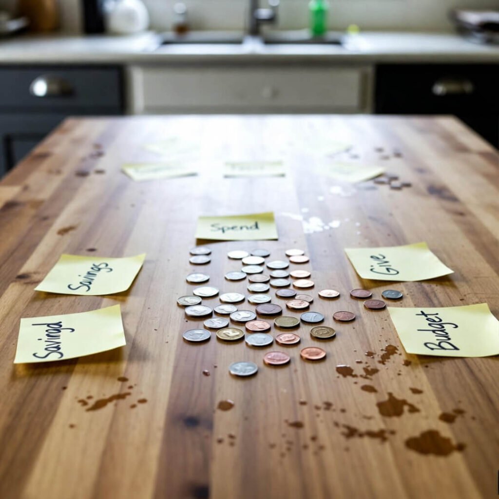 Coins scattered with budget notes on table.