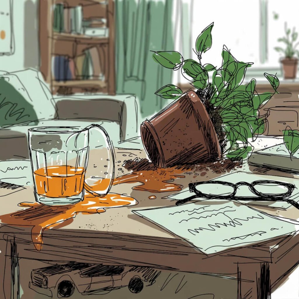 Kid’s-eye sketch of epic parent fails.