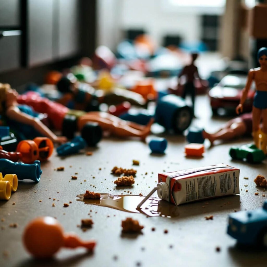 Spilled juice and toy battlefield