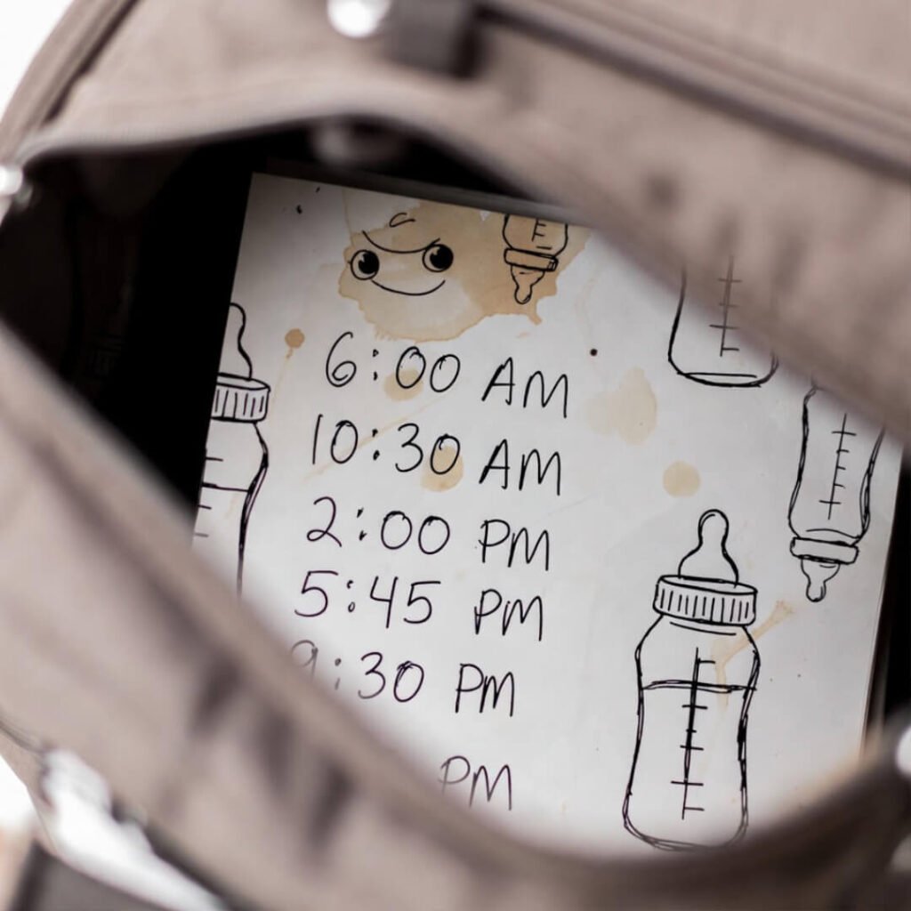 Coffee-stained feeding notes in diaper bag.