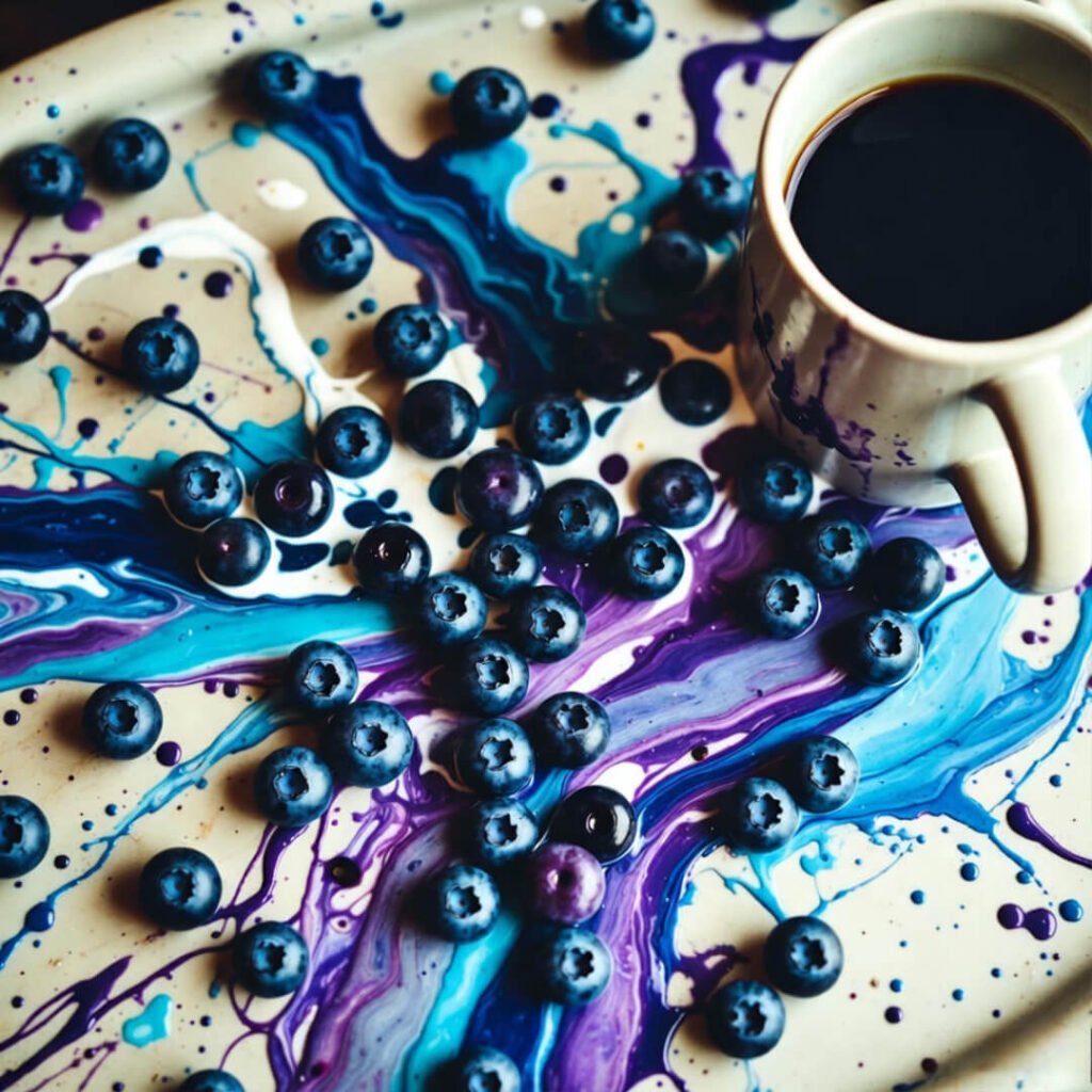Blueberry yogurt chaos, tipped coffee.