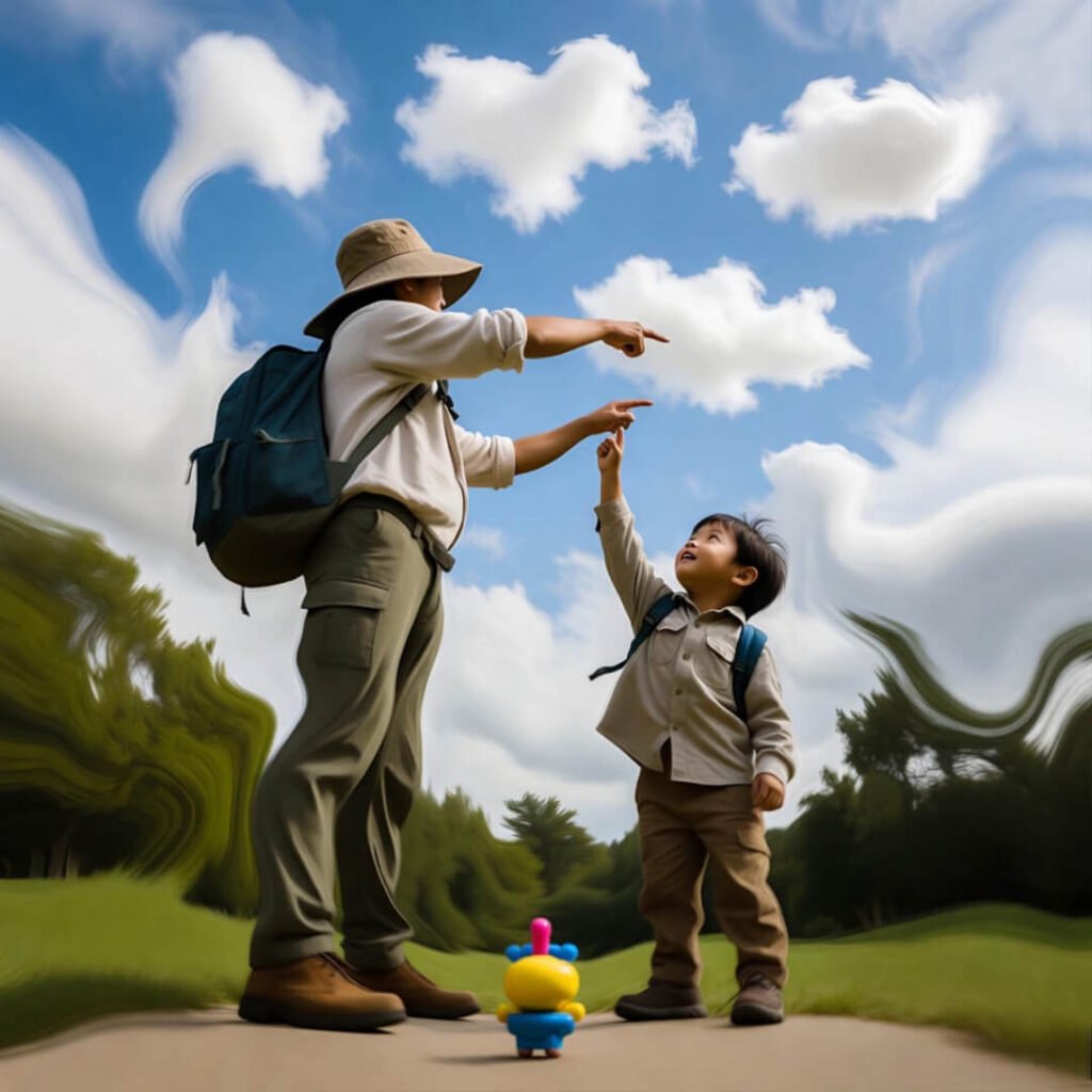 Parent and child pointing at feeling-shaped clouds.