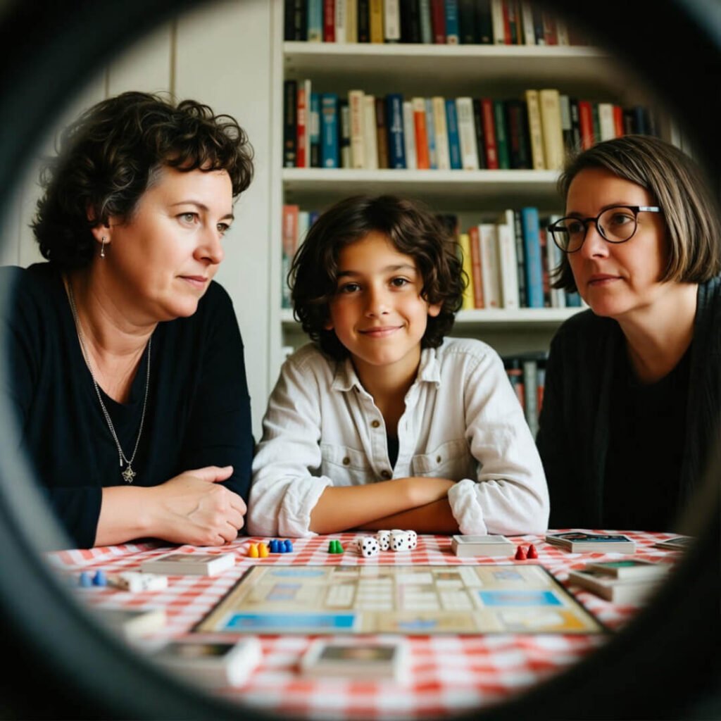 Family plays money board game sideways.