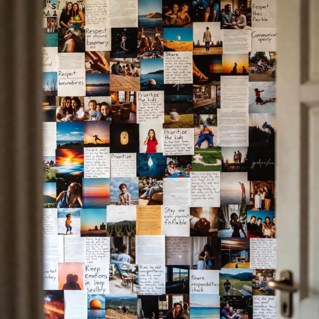 Peeking at chaotic co-parenting tips collage.