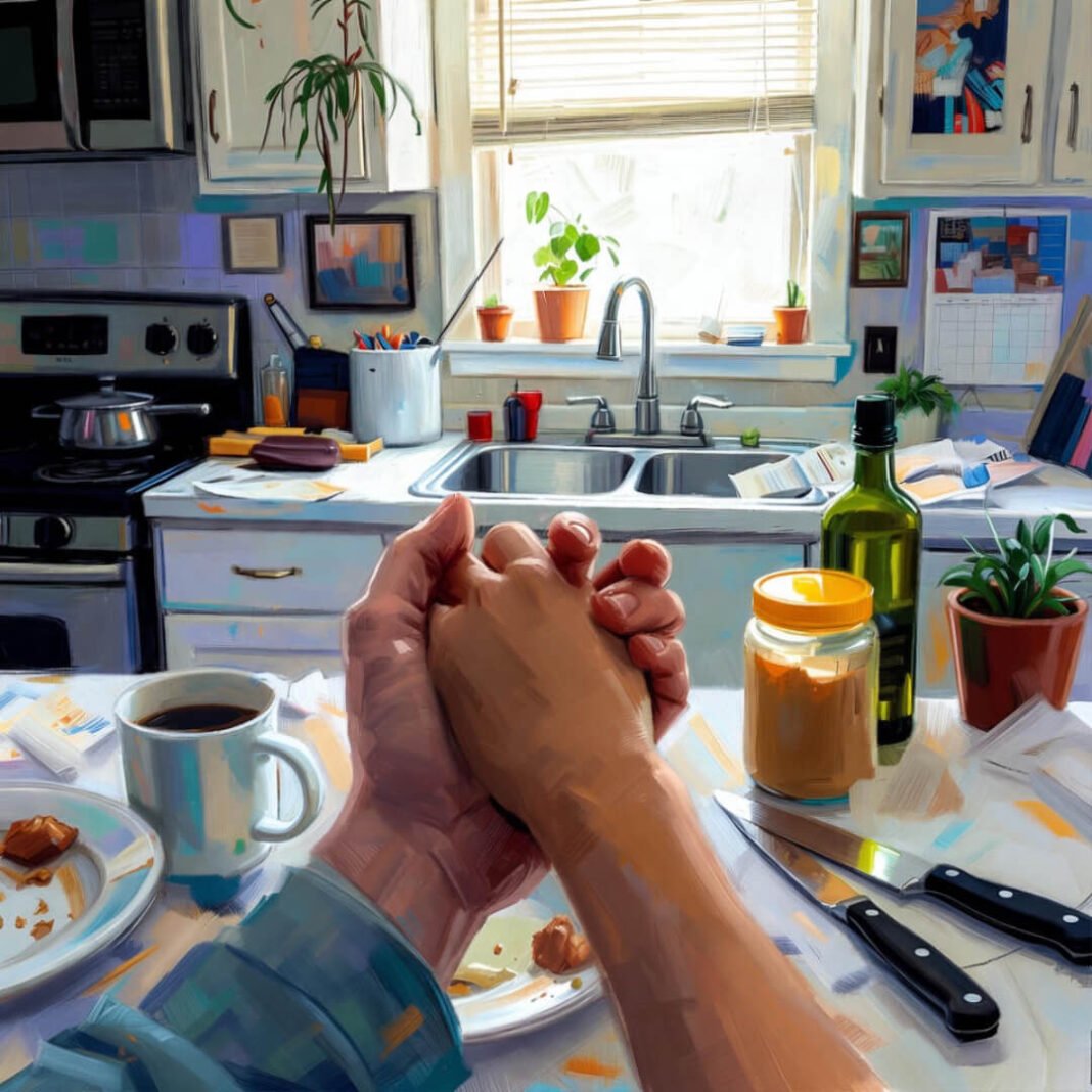Clasped hands over cluttered kitchen counter