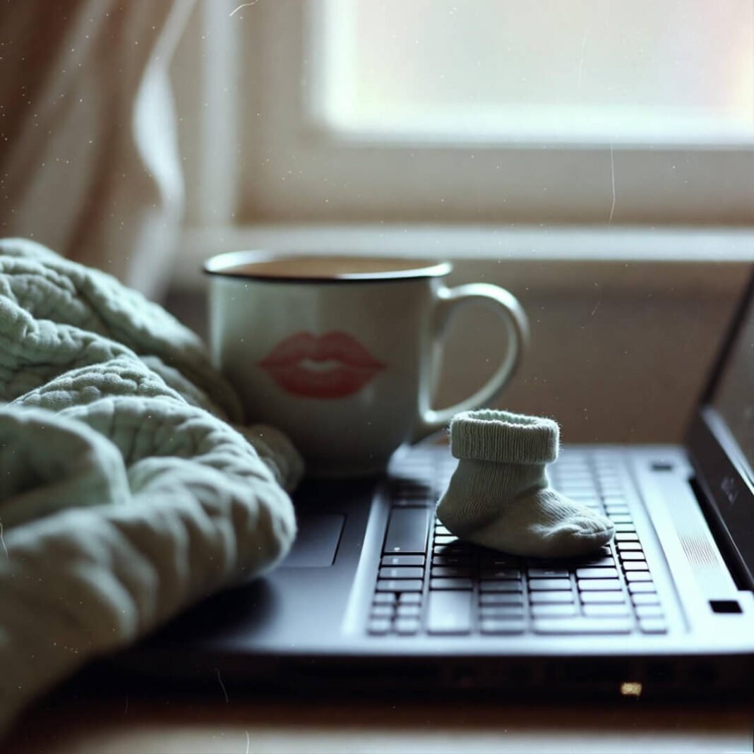 Coffee mug, baby sock on laptop, total chaos morning.