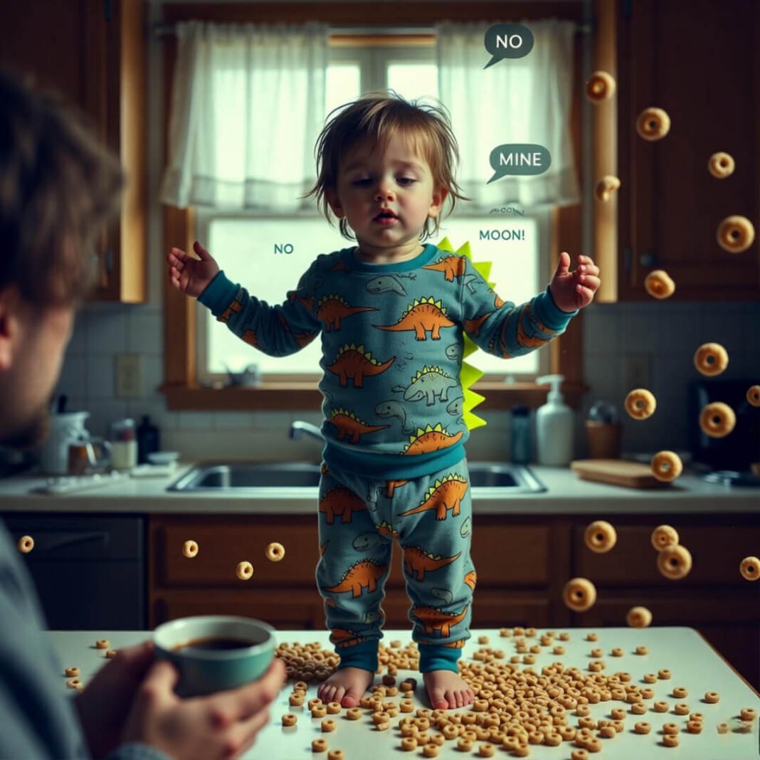 Toddler conducting Cheerios chaos at dawn.