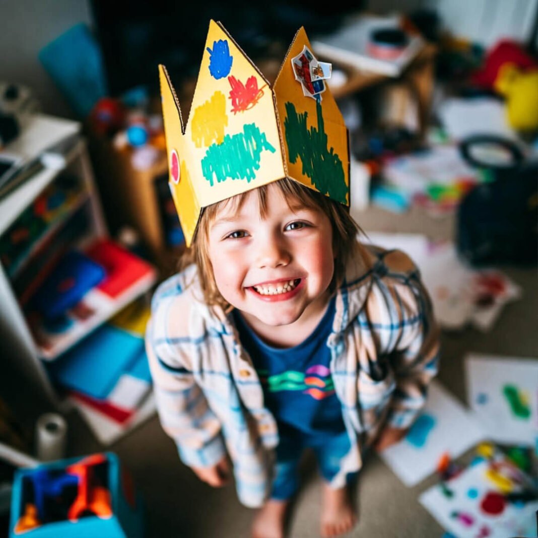 Impressionistic view of a kid building confidence through quirky play, cautiously optimistic vibes