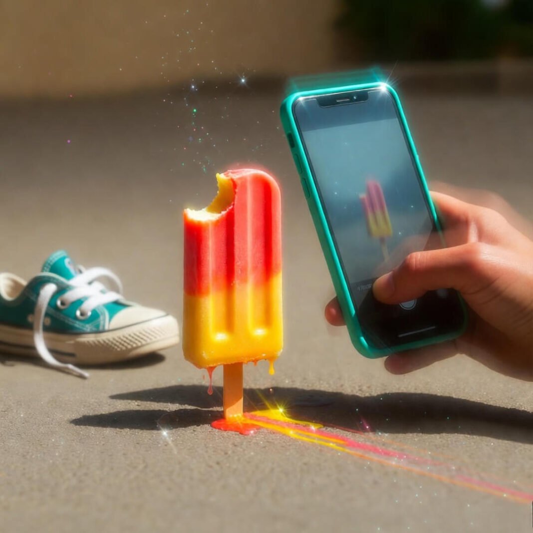 Melting popsicle, lost sneaker, phone filming chaos.