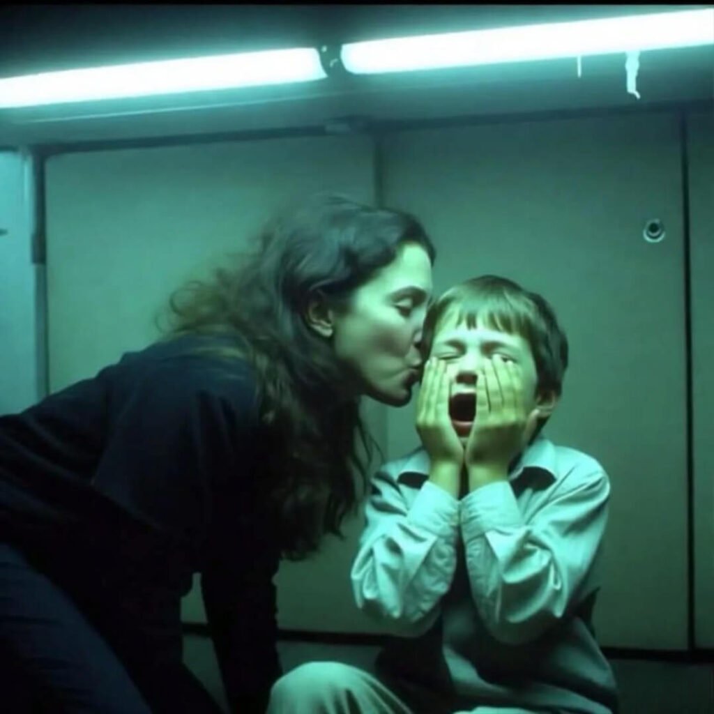 Mom whispering to screaming child under fluorescent lights.