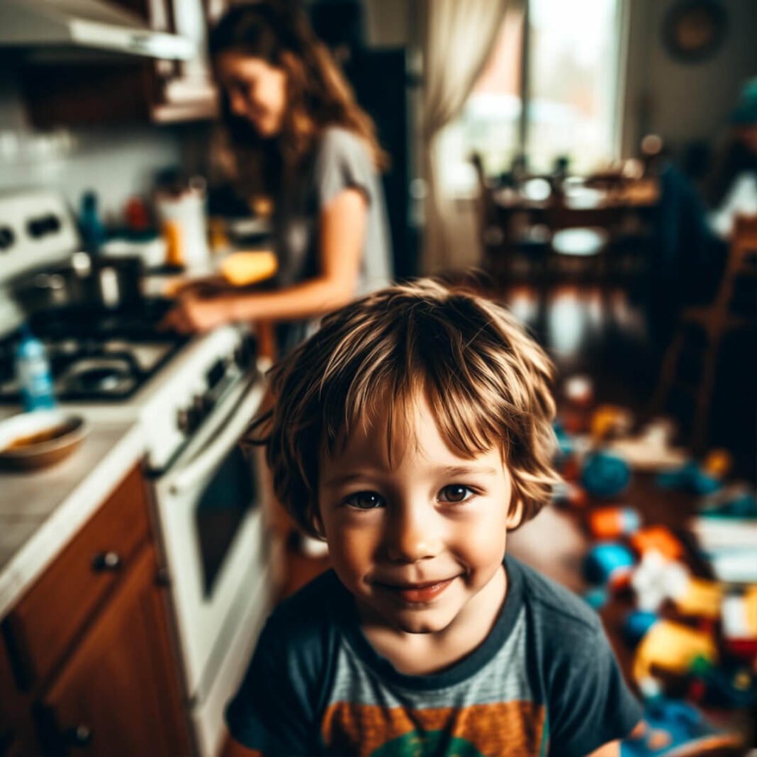 Impressionistic view of positive discipline in action with parent and child connecting amid everyday mess