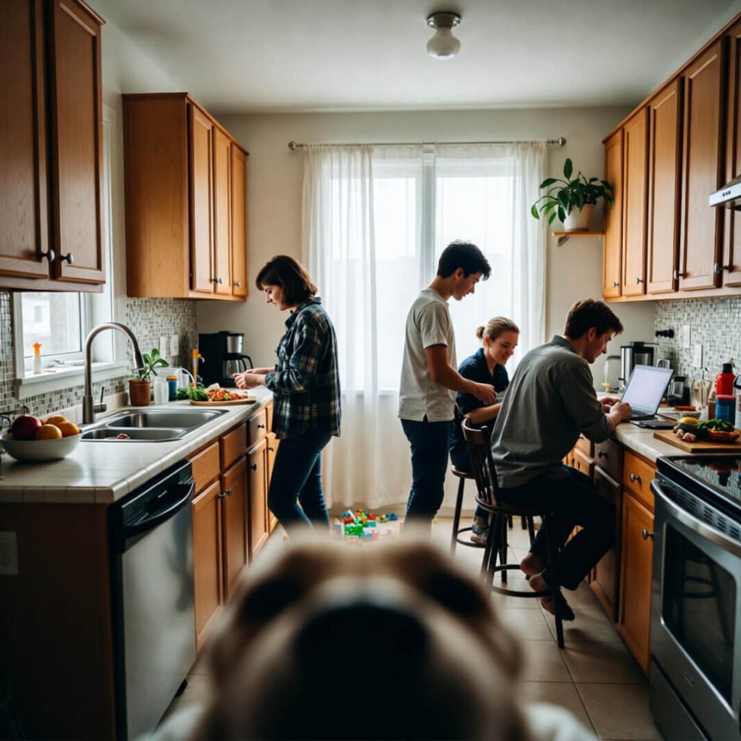 Dog's view of chaotic family kitchen.