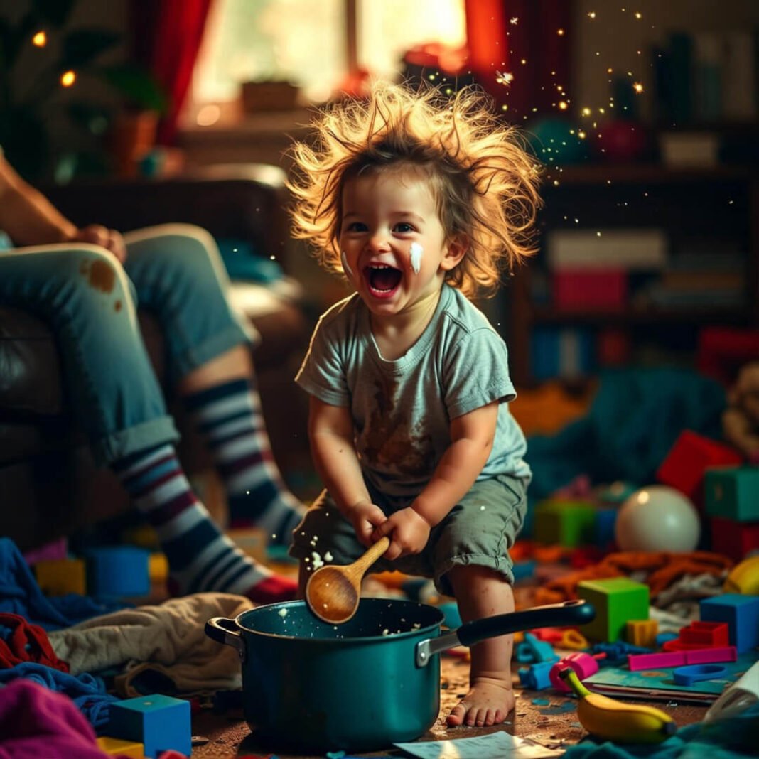 Toddler drums joyfully amid chaos, fireflies glow.