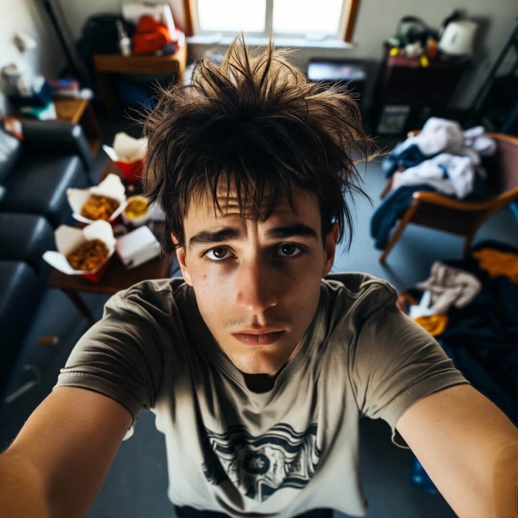 Overhead selfie amid messy living room.