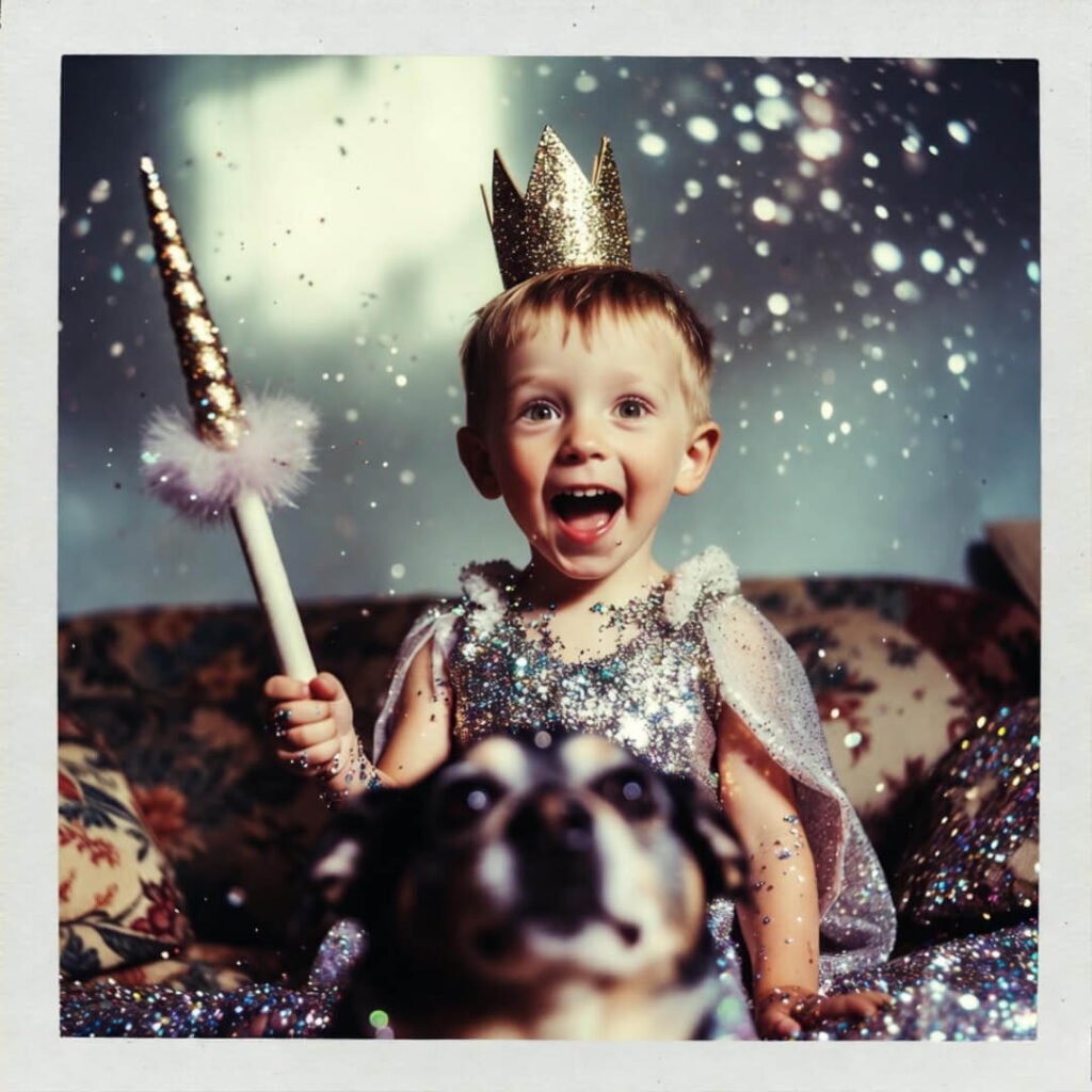 Glitter king on couch, betrayed dog stares.