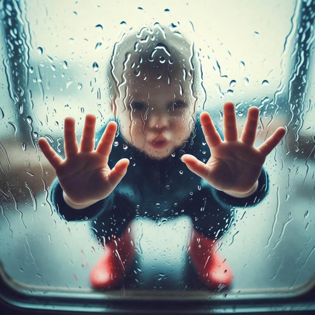 Rainy window, toddler presses hands, red boot shines.