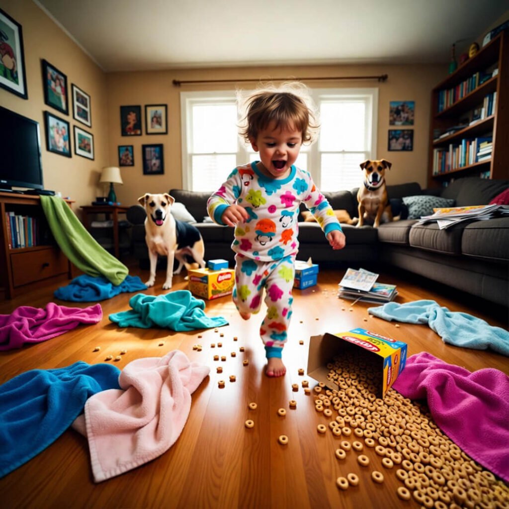 Toddler sprinting through Cheerio chaos, dog judging.
