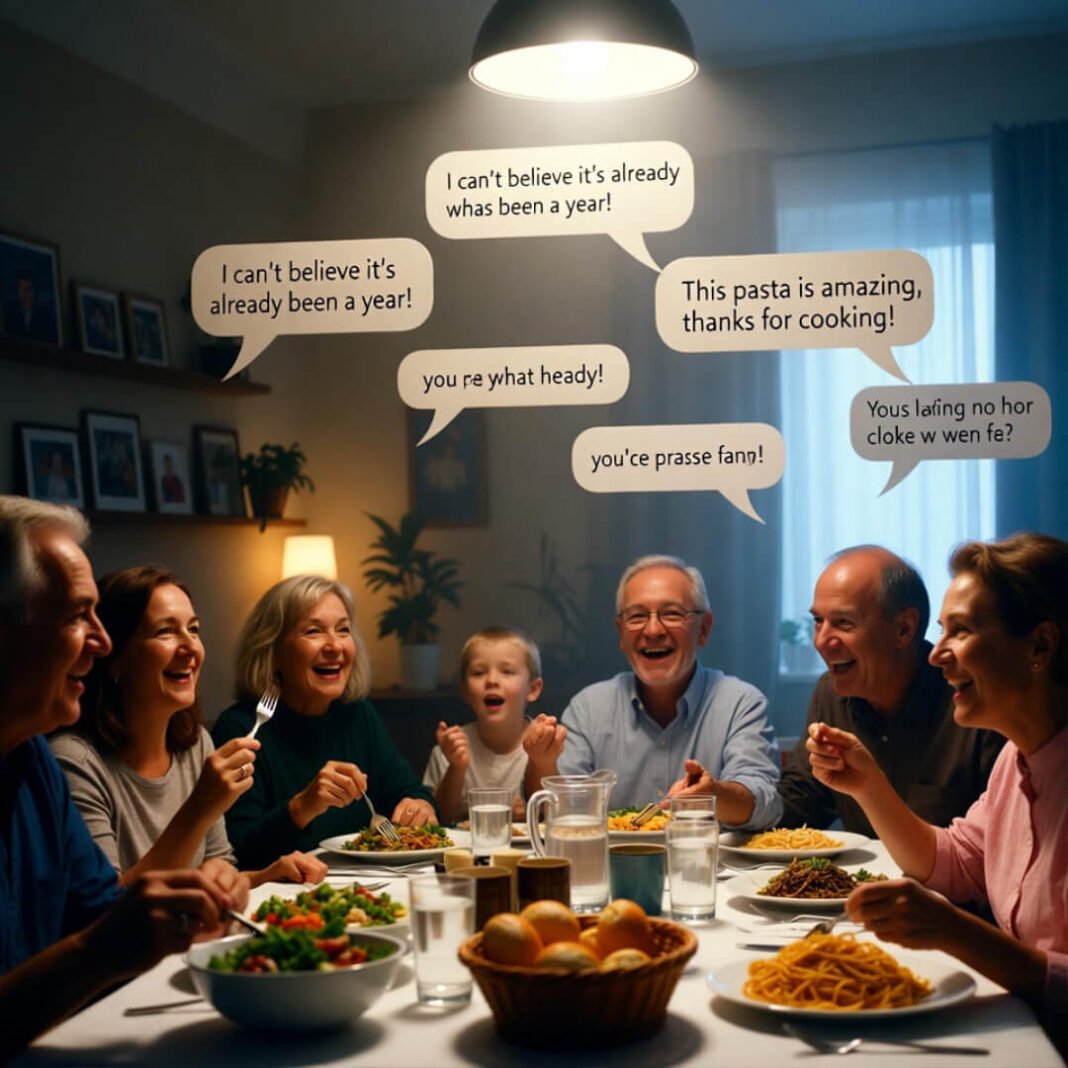 Dropped-phone family dinner, speech bubbles.