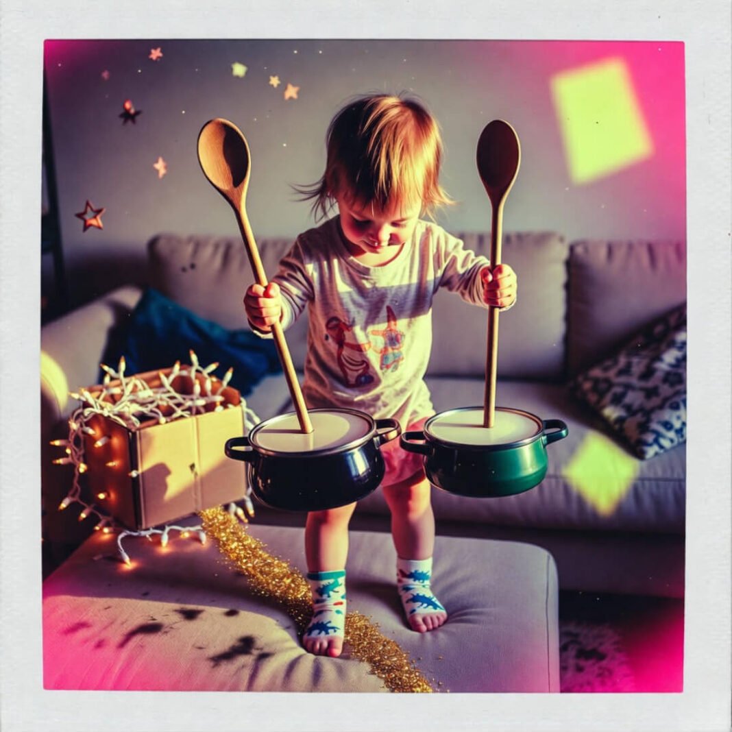 Toddler drums on pots, glitter trail to spaceship.