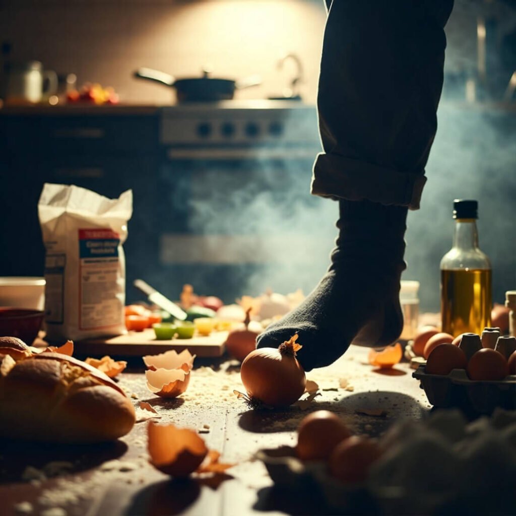Blurry foot on onion, kitchen chaos.