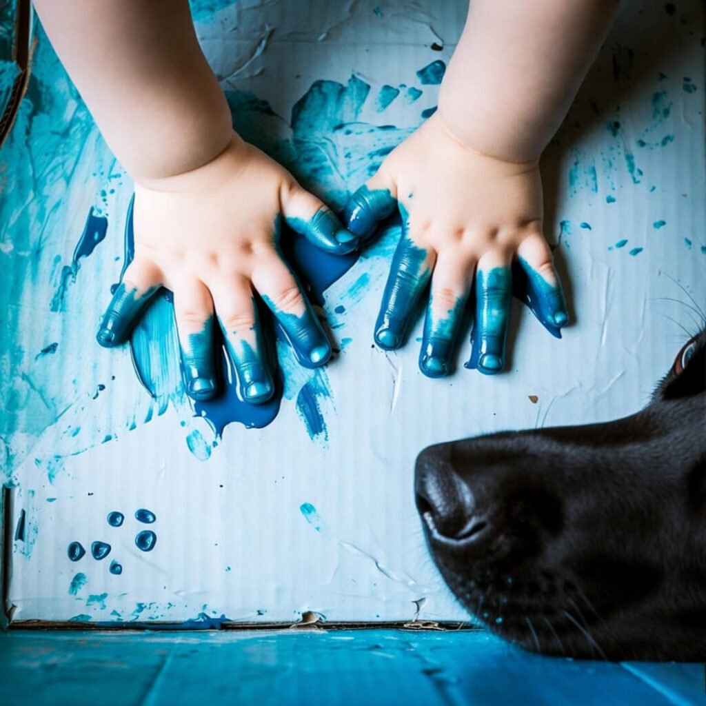 Blue-painted hands on monster cave, dog sniffs.