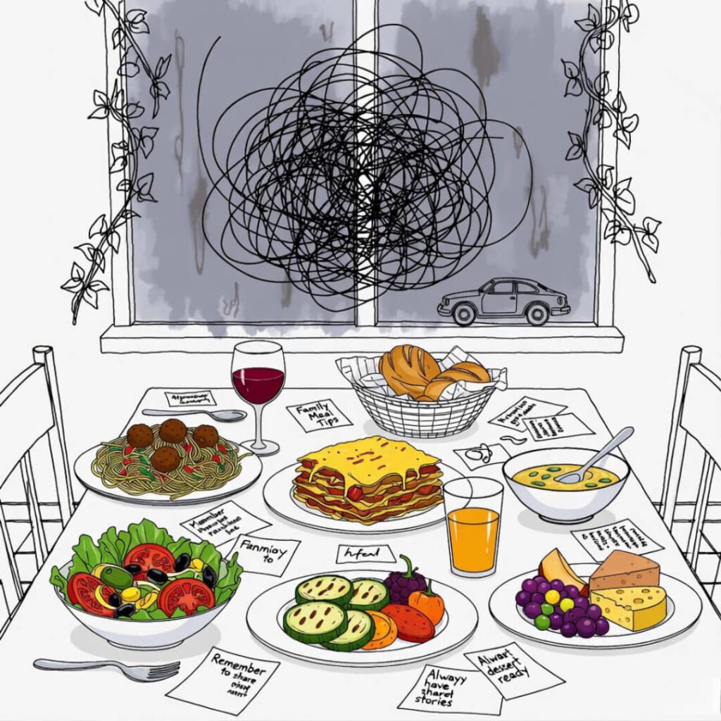 Sketchy meal through smudged window.