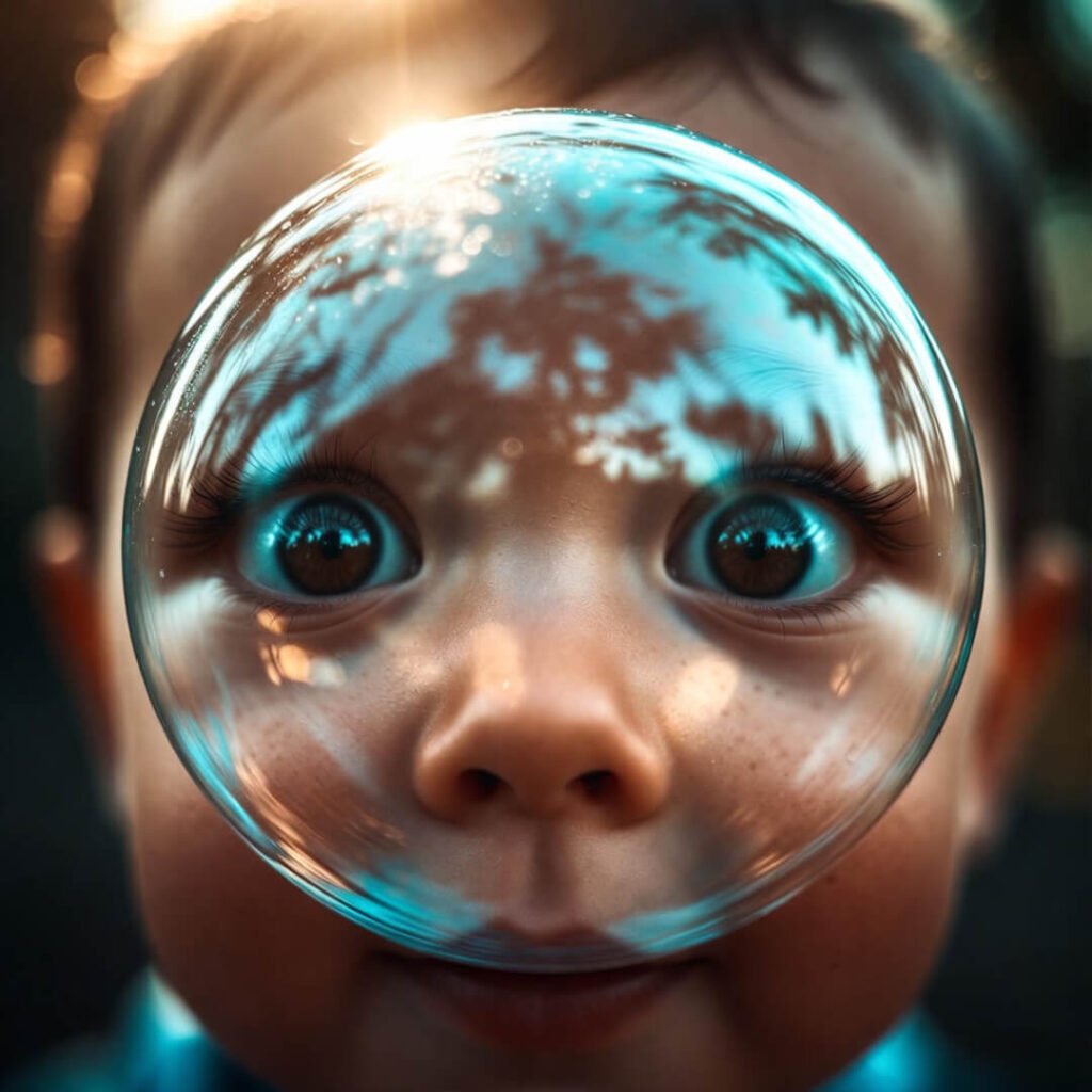 Giant bubble reflects toddler’s wide, wondering eyes.