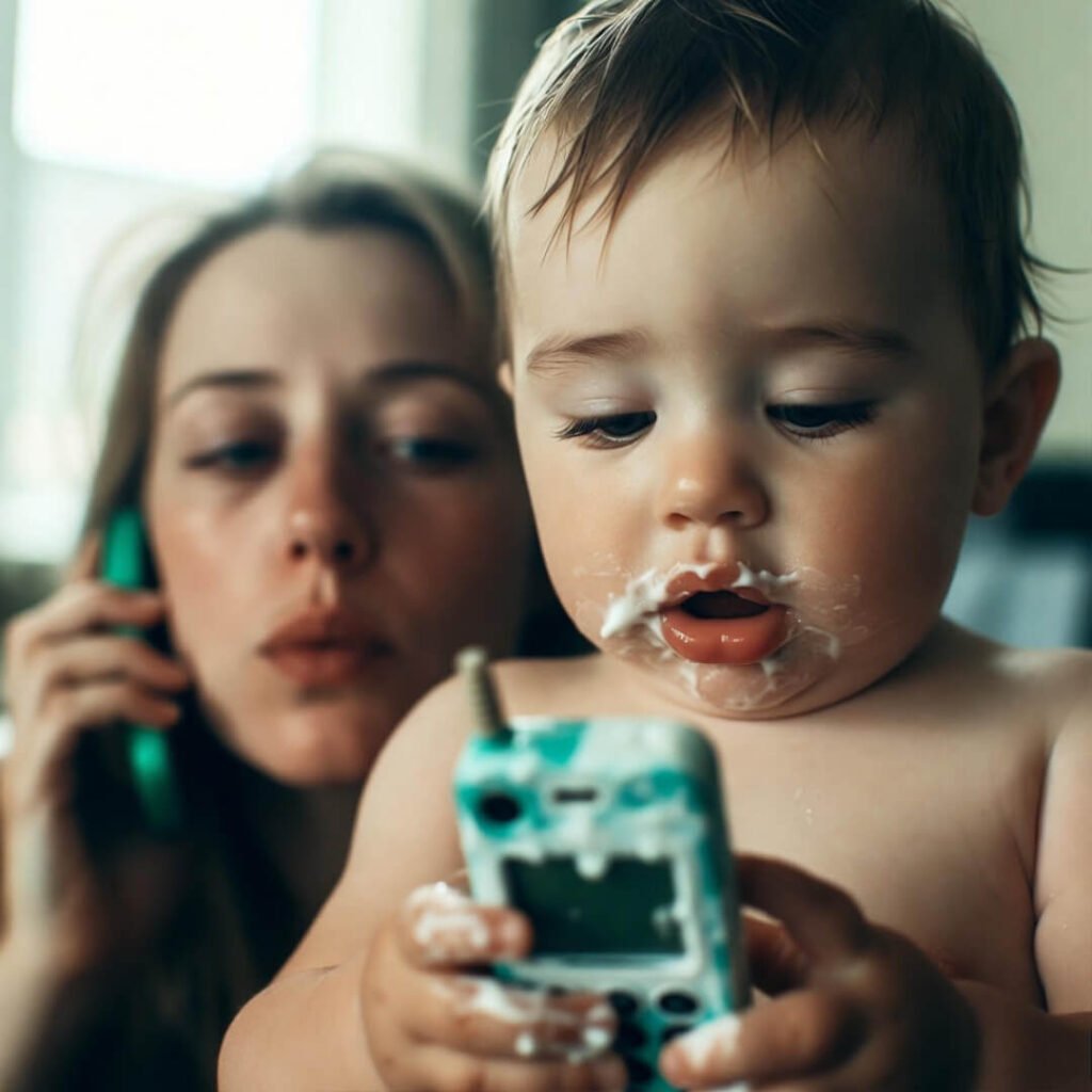 Yogurt-smeared toy phone call to exhausted mom.