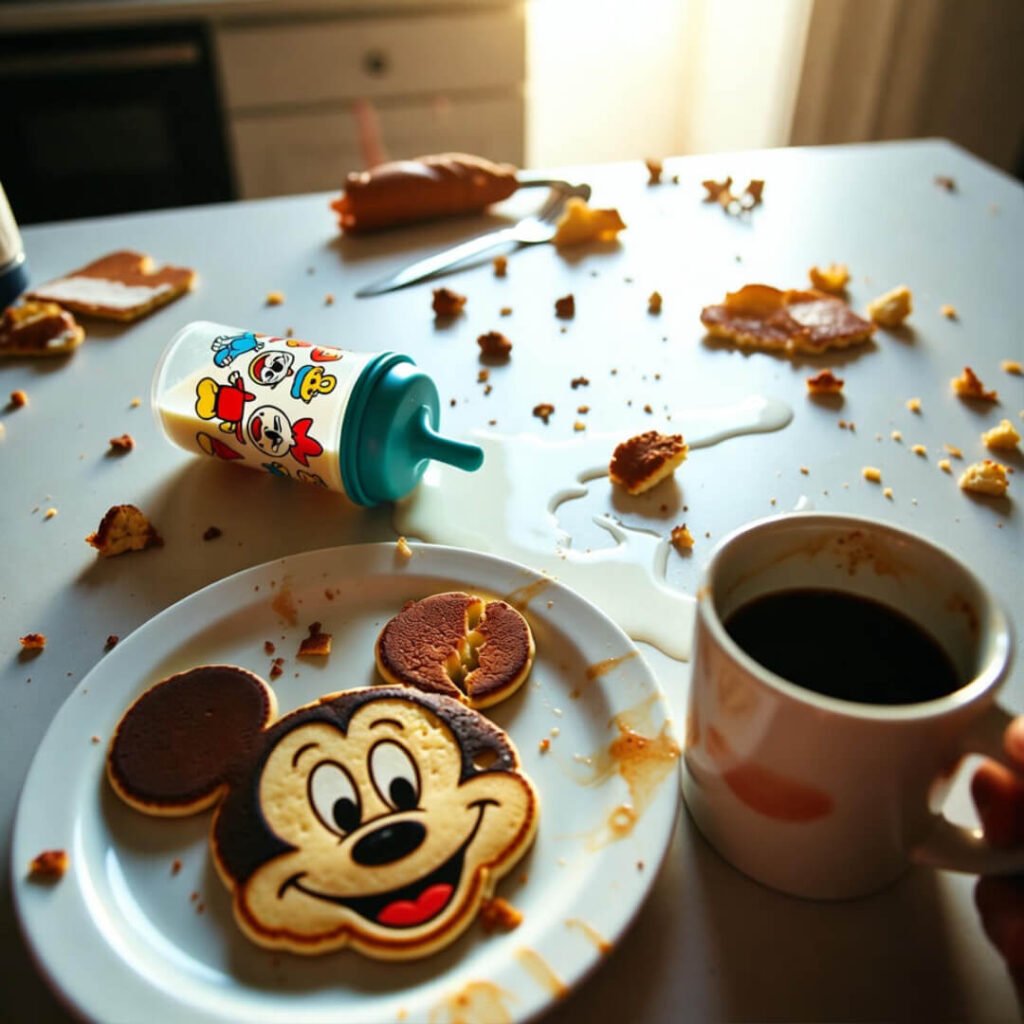 Failed Mickey pancake and spilled milk mess.