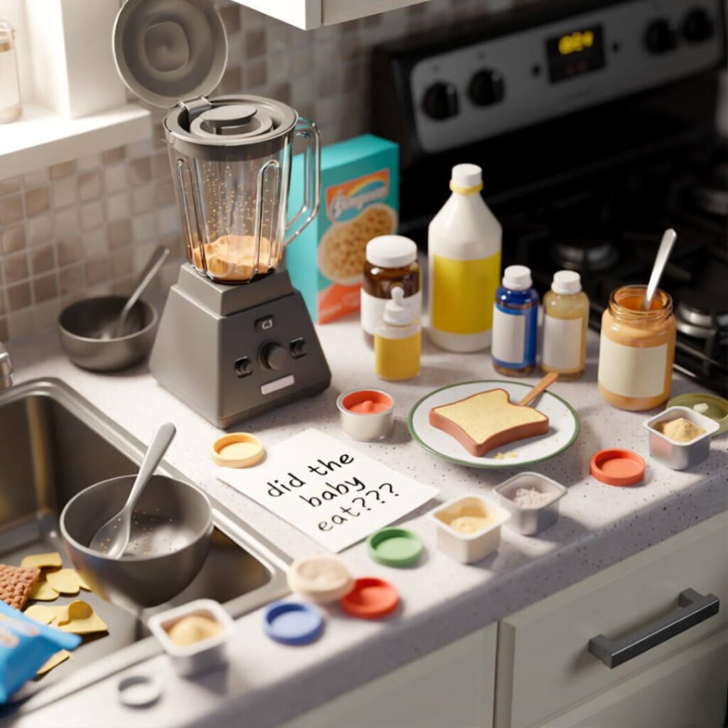 Messy counter: formula, cold toast, "did baby eat???"