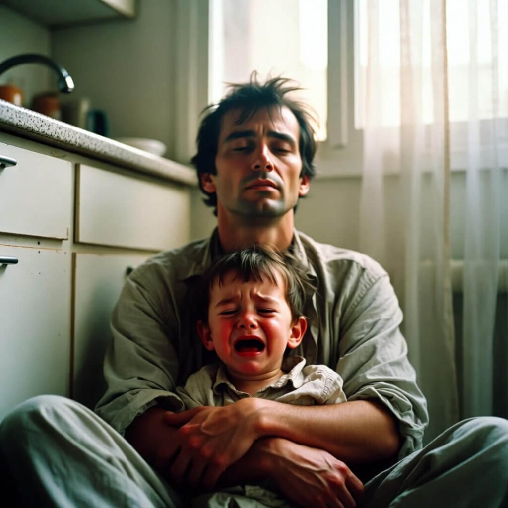 Exhausted mom holding crying toddler, calm after storm.