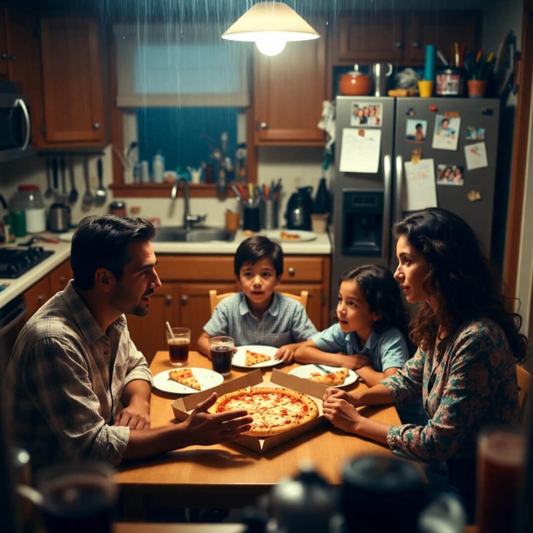 Family talking feelings over pizza through rain-streaked window