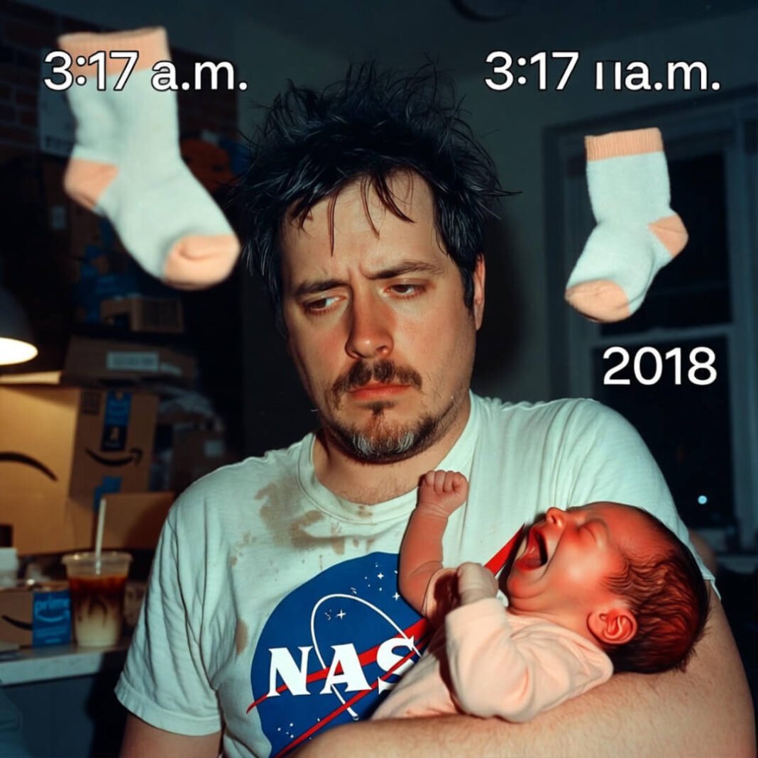 Exhausted dad holding screaming baby at 3:17am