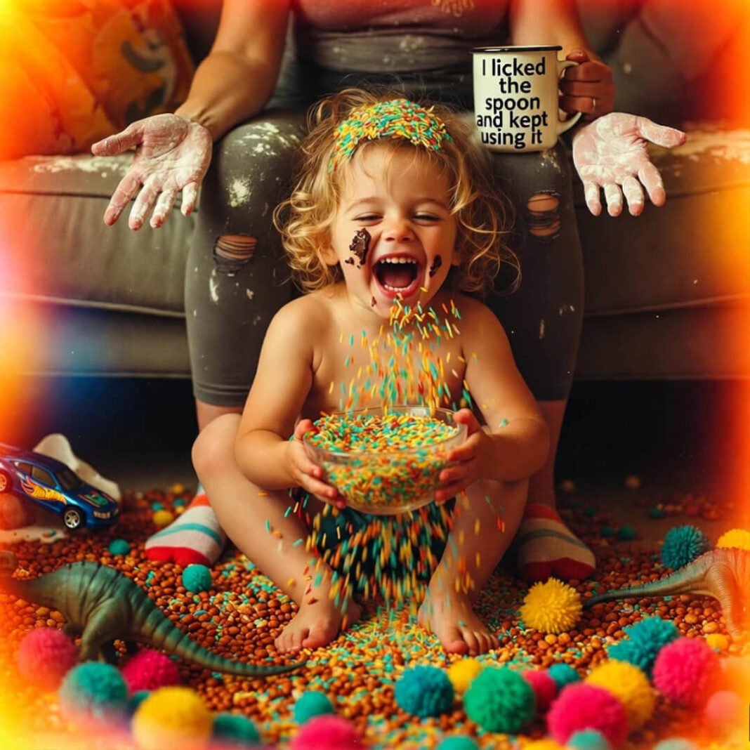 Chaotic rainbow rice pour in vintage living-room mess