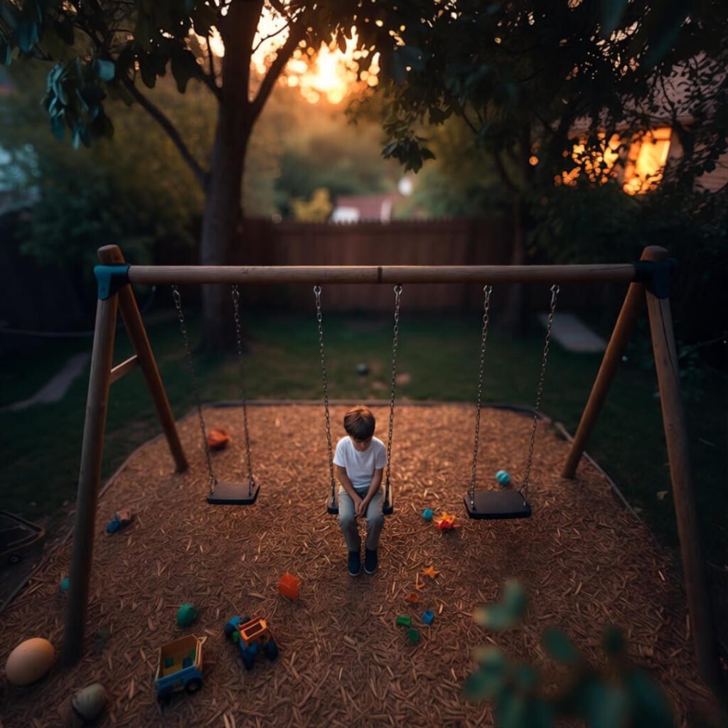 Child alone on swing at dusk, toys scattered