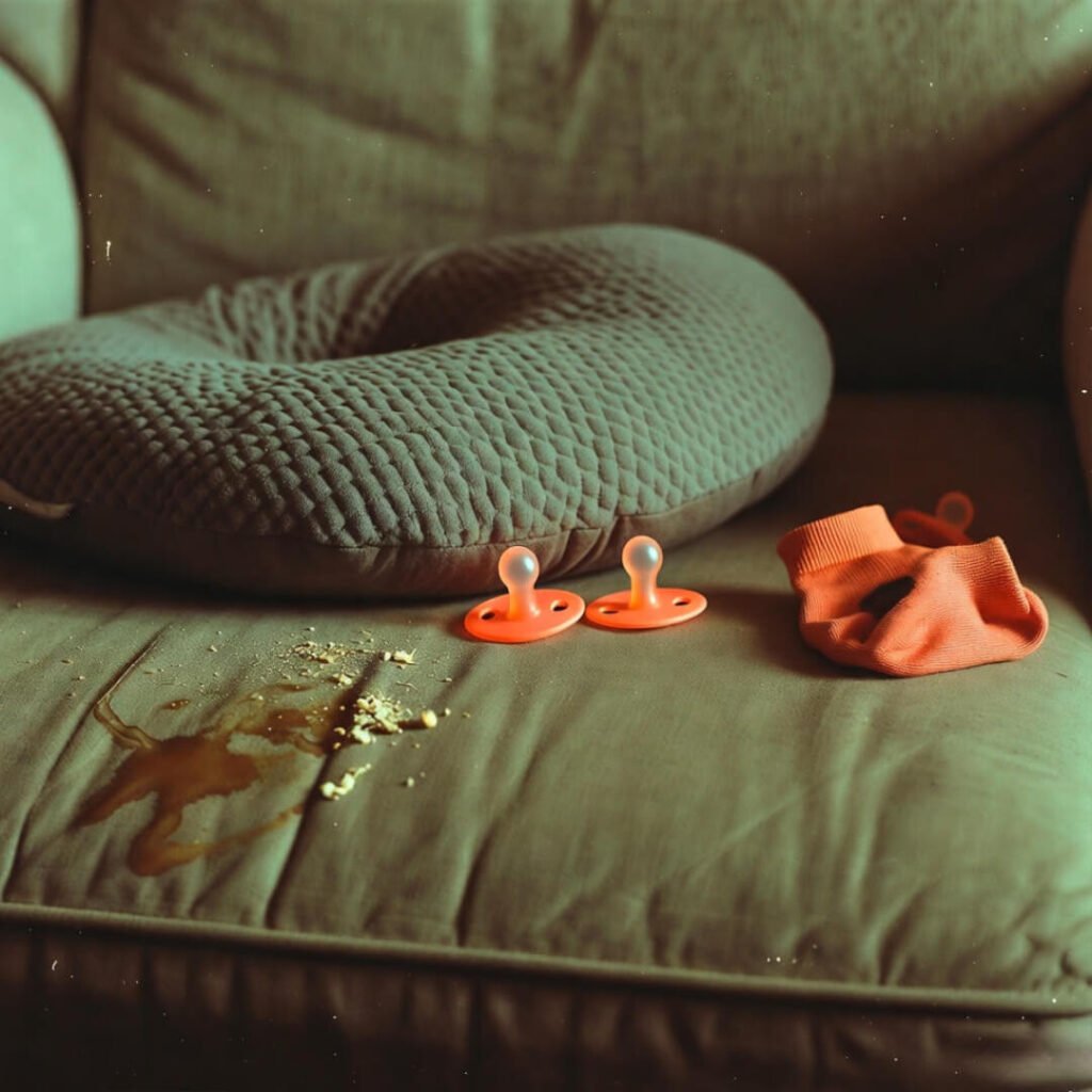 Coffee-stained couch, Boppy, pacifiers, lost sock