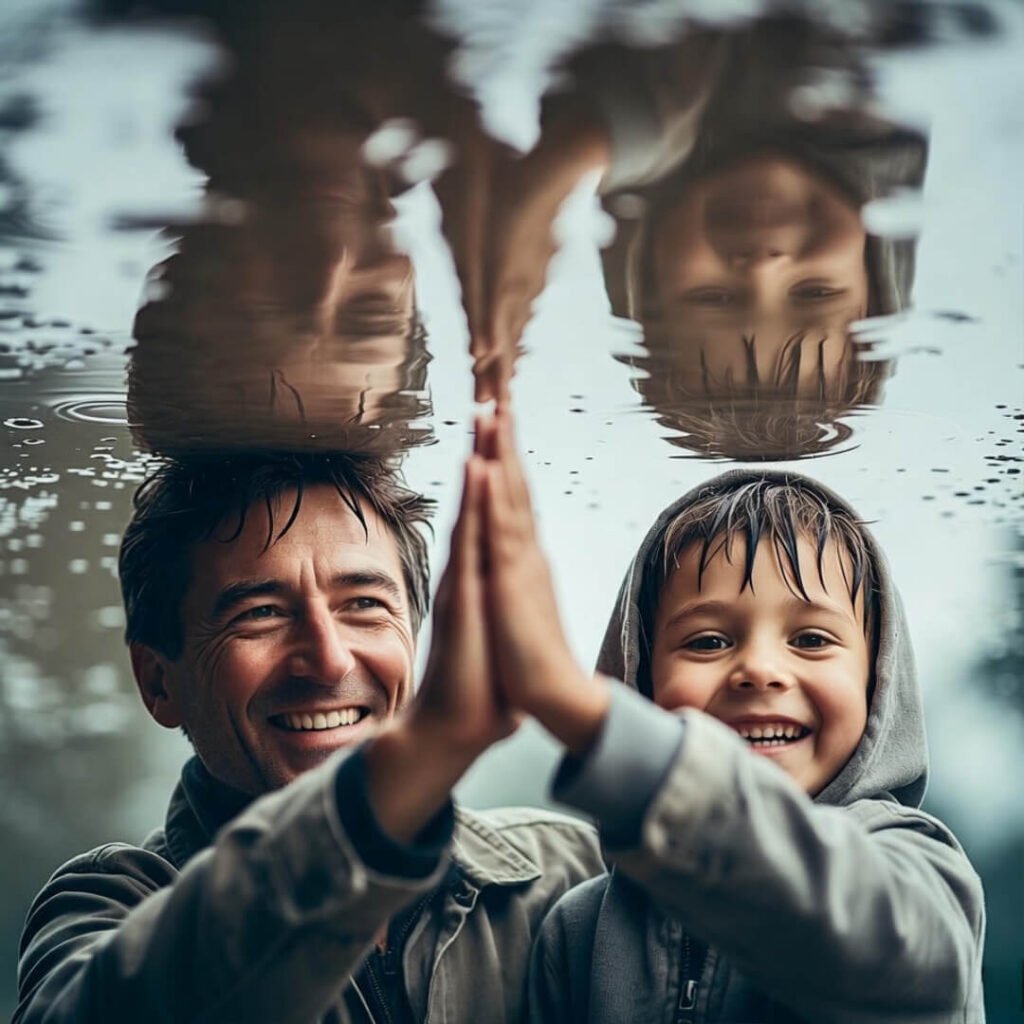 Parent and kid high-five, faces reflected in puddle