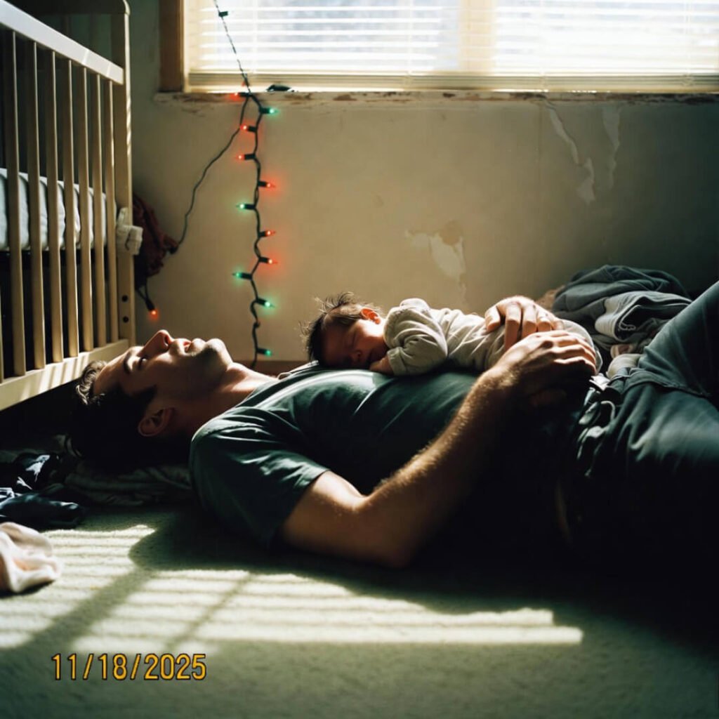 Dad asleep on floor, baby on chest, half-hung lights