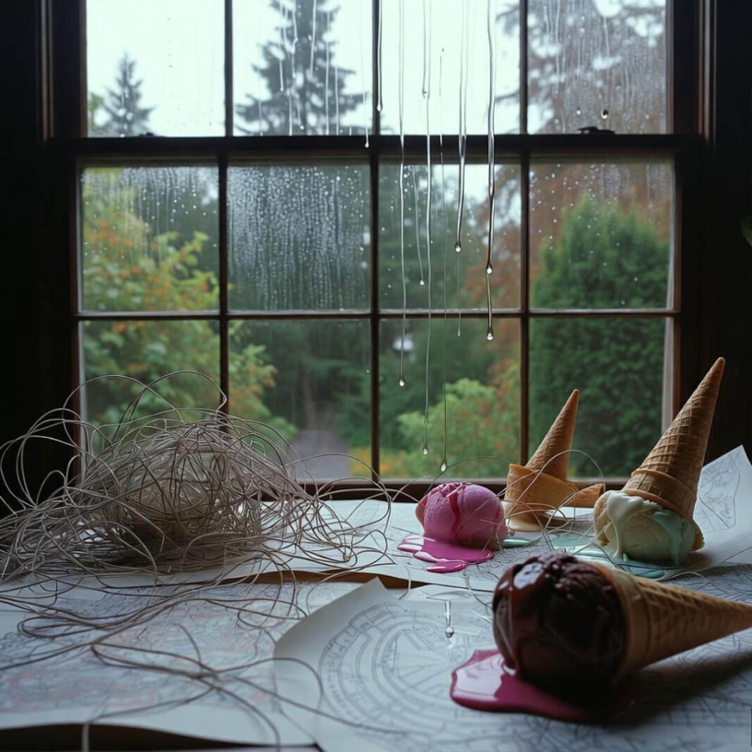 Melting treats through rainy window, teen years mood.