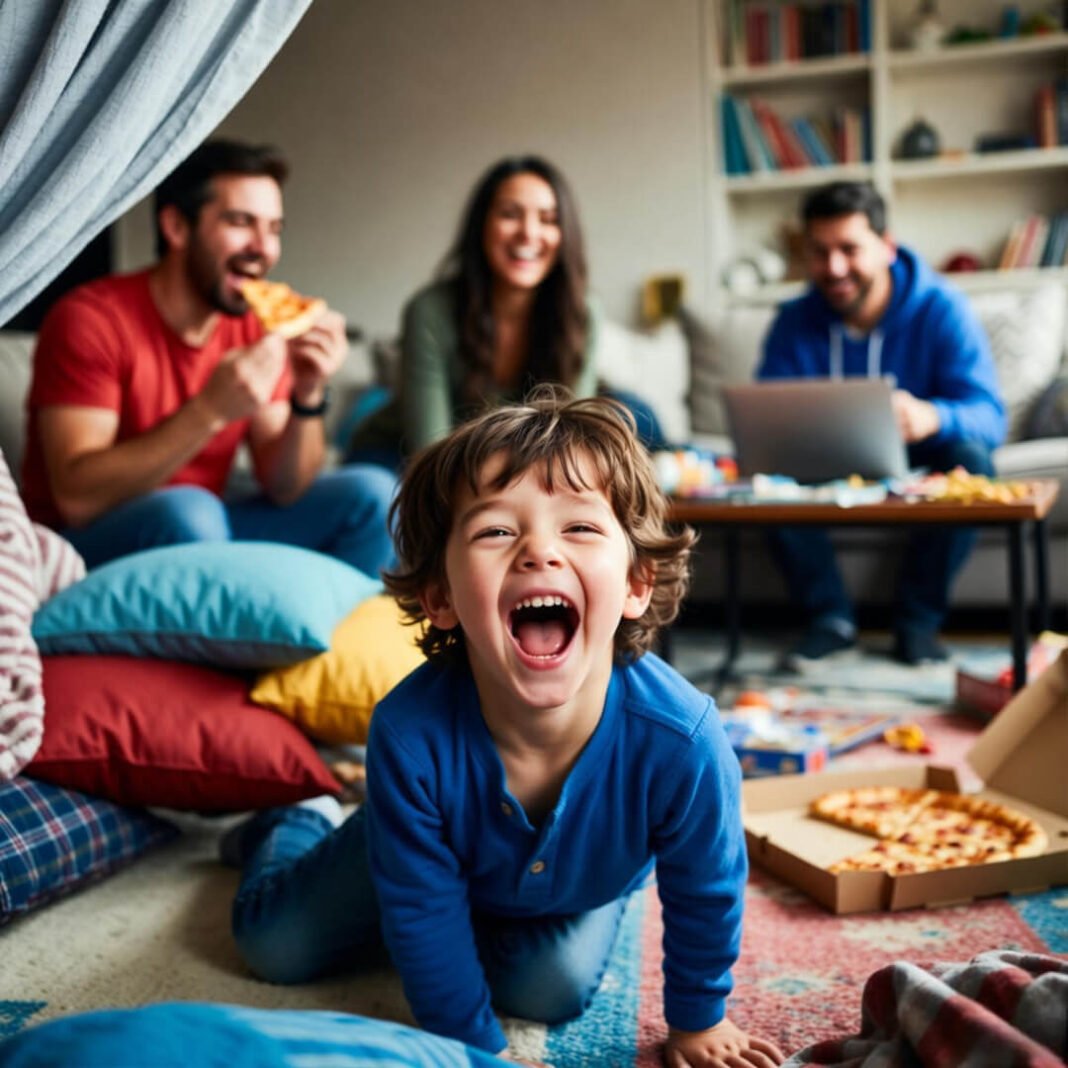 Kid laughs in chaotic home fort scene.