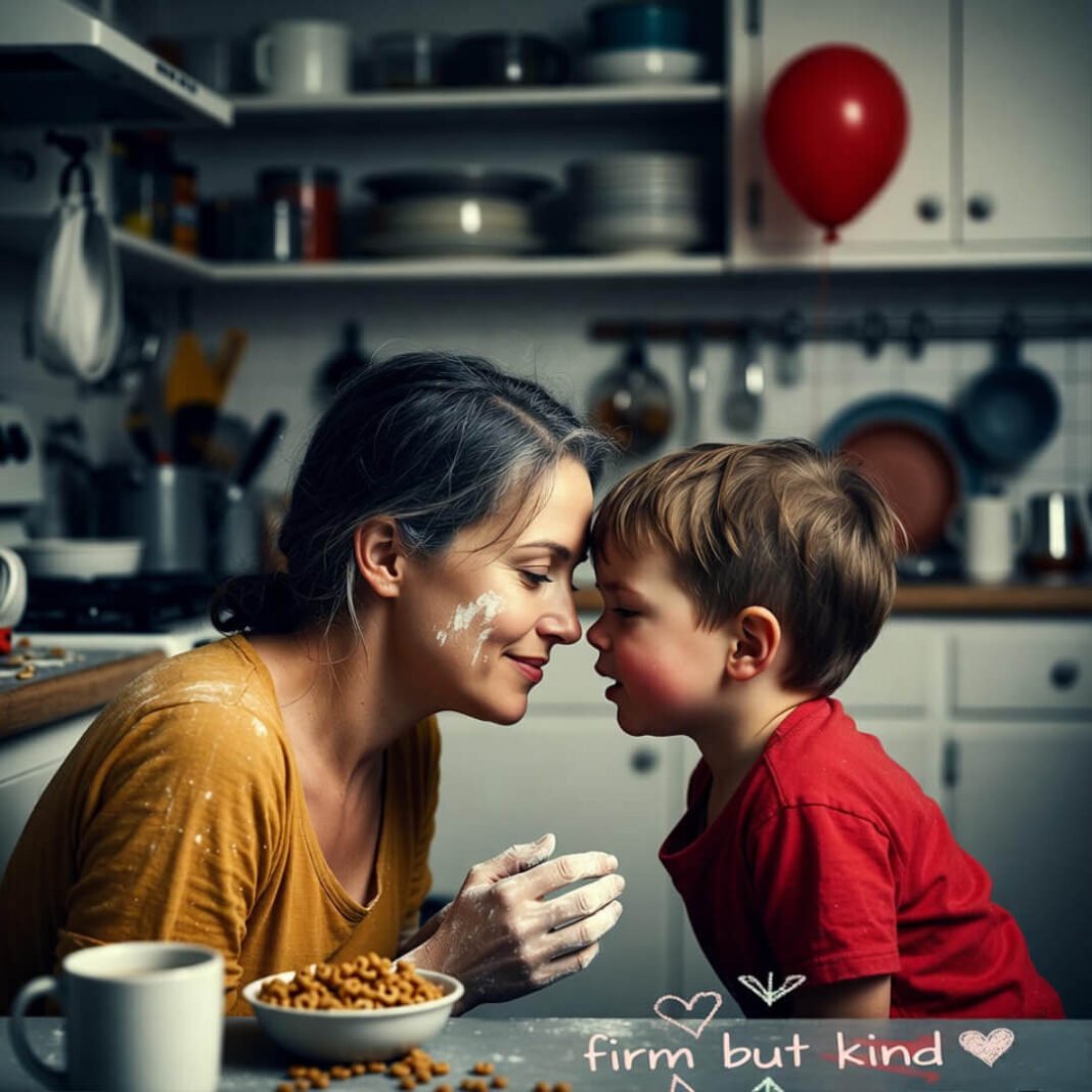 Mom connecting with toddler amid kitchen chaos